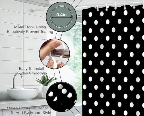 Polka Dot Shower Curtain Black White Retro Spot Vintage Fabric Decorative Bathroom Curtains with Hooks,70" Wx75 H