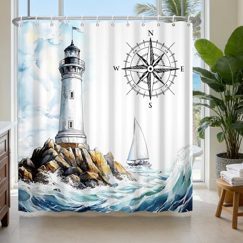Coastal Lighthouse Shower Curtain with Hooks, Ocean Theme Waterproof Shower Curtains for Bathroom, Metal Grommets & Weighted Hem, Machine Washable Nautical Shower Curtain for Home, 72"W x 72"L