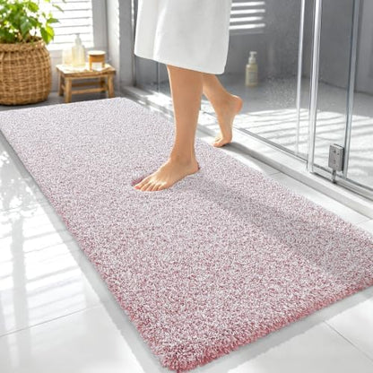 OLANLY Microfiber Bathroom Rugs 59x24, Quick Dry Mat, Deep Rose and White
