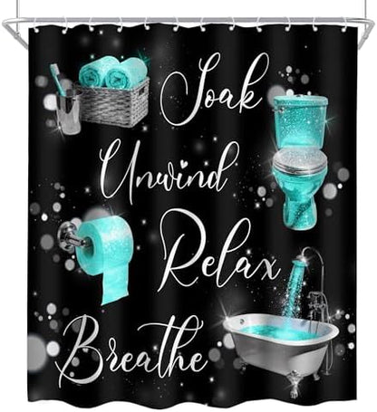 Teal Black Funny Quotes Positive 4Pcs Bathroom Shower Curtain Set with Rugs