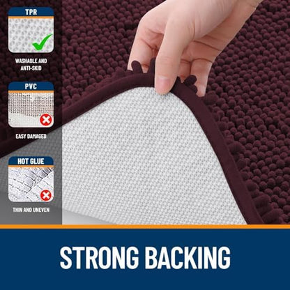 OLANLY Chenille Bathroom Rugs Sets 2 Piece, 47"x20"+24"x20", Black Cherry