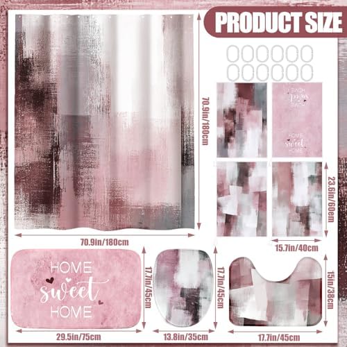 Honoson 8 Pcs Pink and Grey Bathroom Decor Set with Shower Rug and Curtain