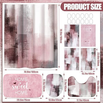 Honoson 8 Pcs Pink and Grey Bathroom Decor Set with Shower Rug and Curtain