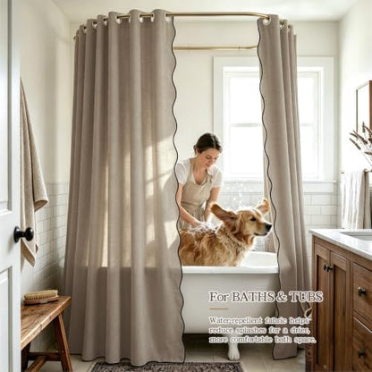 Furlinic Greige Scalloped Shower Curtain 72x96 No Hook Fabric Extra Long