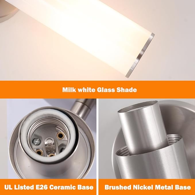 Brushed Nickel Wall Sconces Set of 2 (Hardwired Only), Bathroom Vanity Light Fixtures, Modern Cylinder Glass Wall Lights for Mirror 28-40 in Height, NOT Battery Operated, E26 Base (Bulbs Not Included)