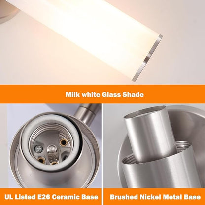 Brushed Nickel Wall Sconces Set of 2 (Hardwired Only), Bathroom Vanity Light Fixtures, Modern Cylinder Glass Wall Lights for Mirror 28-40 in Height, NOT Battery Operated, E26 Base (Bulbs Not Included)