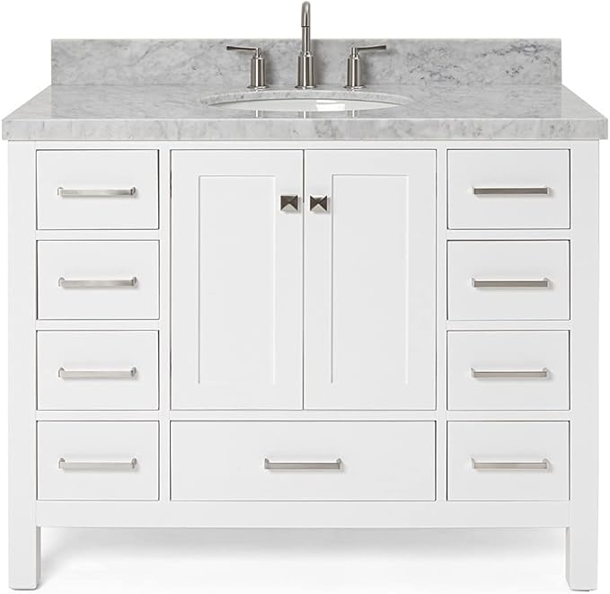 ARIEL Cambridge 42-inch Bathroom Vanity with Sink,Solid Wood, 1.5-inch Italian Carrara Marble Countertop & Backsplash, Single Oval Porcelain Sink, 2 Soft Closing Doors, 9 Dovetail Drawers, White