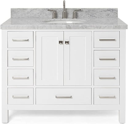 ARIEL Cambridge 42-inch Bathroom Vanity with Sink,Solid Wood, 1.5-inch Italian Carrara Marble Countertop & Backsplash, Single Oval Porcelain Sink, 2 Soft Closing Doors, 9 Dovetail Drawers, White