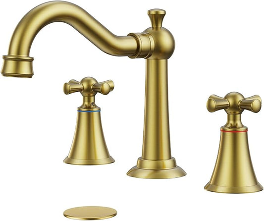 Hurran 8 Inch Widespread Bathroom Sink Faucet Brushed Gold, 3 Hole 2 Cross Handles Classic Vintage Antique Faucet with Metal Pop Up Drain and Supply Hoses for Vanity, RV, Farmhouse
