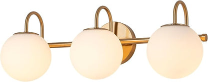 Bathroom Vanity Light, 22.6-Inch Modern Dimmable 3-Light Bathroom Light Fixture Over Mirror, Brass Finish with Frosted Glass Globe Wall Sconce