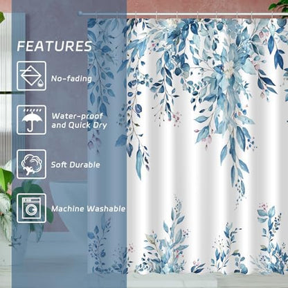 Eucalyptus Shower Curtain, Aesthetic Art Watercolor Plant Leaves with Floral Bathroom Decor, Waterproof Fabric Cloth Bath Curtain Set with Hooks (Blue, 72" W x 72" L)