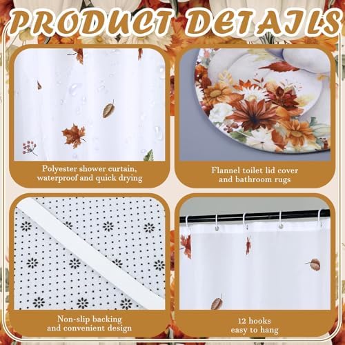 Honoson 8 Pcs Fall Bathroom Shower Curtain Set with Rugs and Towls