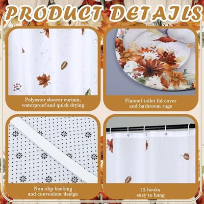 Honoson 8 Pcs Fall Bathroom Shower Curtain Set with Rugs and Towls