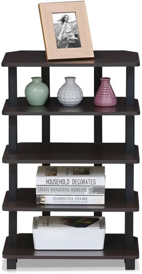 Furinno Turn-N-Tube Storage Shelves, 5-Tier Book Shelf, Corner Shelf, Toolless Open Shelves, for Organization and Storage, Living Room, Garage, Home Office, Espresso