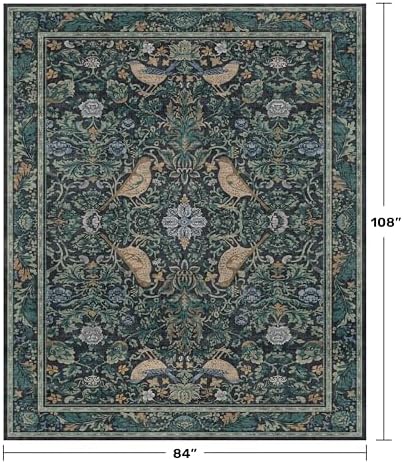 Blue Washable 7x9 Kitchen Rug for Floor, Boho Floral & Bird Pattern Living Room Area Rug, Low Pile Soft Farmhouse Bedroom Carpet, Cottagecore Home Décor, Non Slip & Stain Resistant