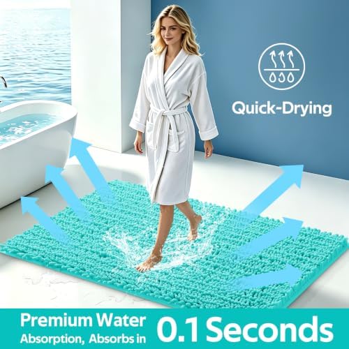 ACCUMTEK Upgrade Extra Large Teal Green Bathroom Rug Set 3 Pieces Ultra Soft, Thick Absorbent Bath Mats, Non Slip Chenille Toilet Mat for Bathroom, Bedroom, Kitchen, Turquoise