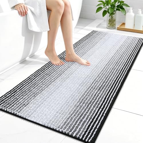 OLANLY Bathroom Runner Rugs 44x24, Soft Chenille Striped Bath Rugs, Black