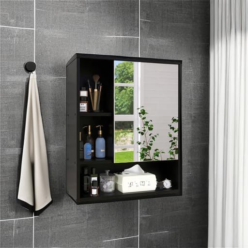 SMIBUY Bathroom Mirror Cabinet Wall Mounted, Bamboo Space Saver Medicine Cabinet, Wall Hanging Over Toilet Storage Cabinet with Mirror Door and Adjustable Shelf (Black)
