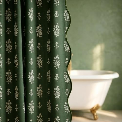Boomkin Block Print Scalloped Shower Curtain Set with 12 Hooks
