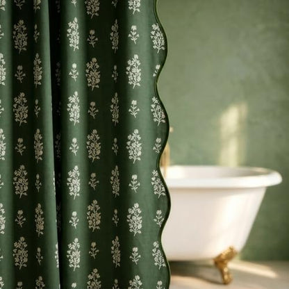 Boomkin Block Print Scalloped Shower Curtain Set with 12 Hooks