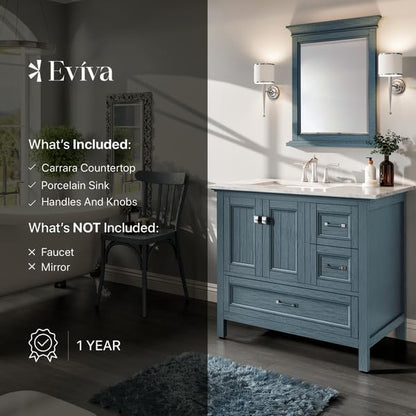 Eviva Britney 36 in. Ash Blue Single Sink Bath Vanity with Carrara Quartz Top and Undermount Porcelain Sink