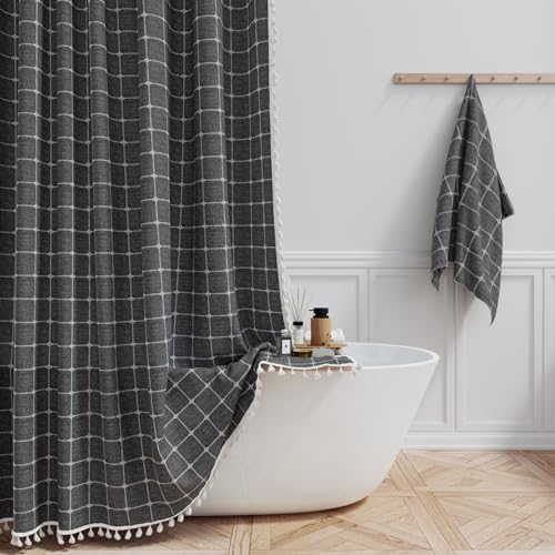 BTTN Long Boho Farmhouse Linen Fabric Shower Curtain, 72x84, Charcoal Gray