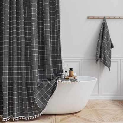 BTTN Long Boho Farmhouse Linen Fabric Shower Curtain, 72x84, Charcoal Gray