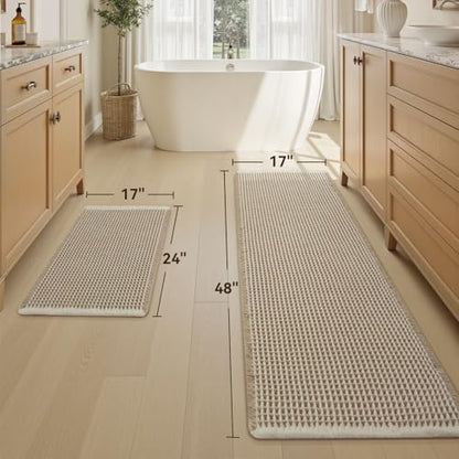 Upgraded Waffle Bath Mat Set of 2 Absorbent Bathroom Mat 17"x24" + 17"x48"