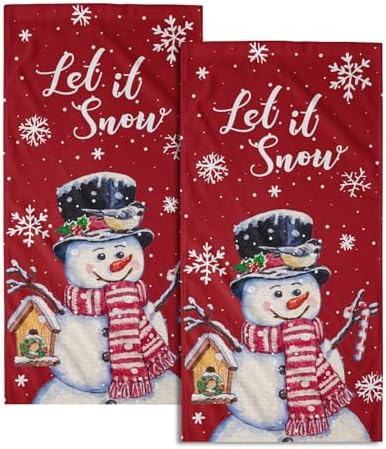 Red Christmas Hand Towels Set of 2, 28x14 Inch Winter Snowman Snow Xmas Absorbent Microfiber Soft Washcloths Guest Face Tea Towel for Kitchen Bathroom Home Hotel Gym Spa