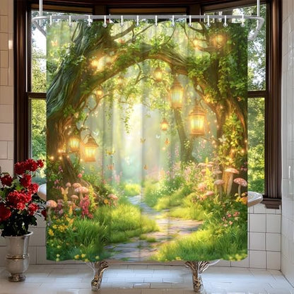 Fantasy Forest Path Shower Curtain Fairy Magical Enchanted Misty Jungle Mushroom Floral Tree Butterfly Lantern Spring Wonderland Bath Curtain Fabric Bathroom Accessories Decor with Hooks 70W x80L