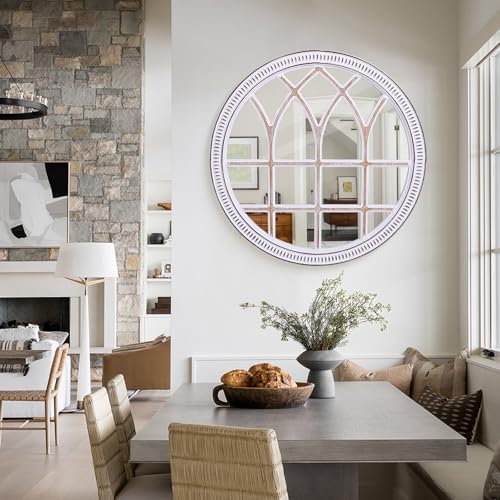 Rustic Farmhouse Round Window Mirror, 36 Inch Wood Frame Wall Mirrors