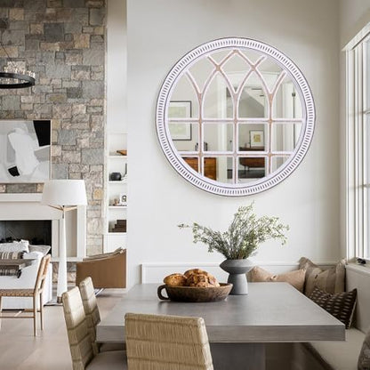 Rustic Farmhouse Round Window Mirror, 36 Inch Wood Frame Wall Mirrors