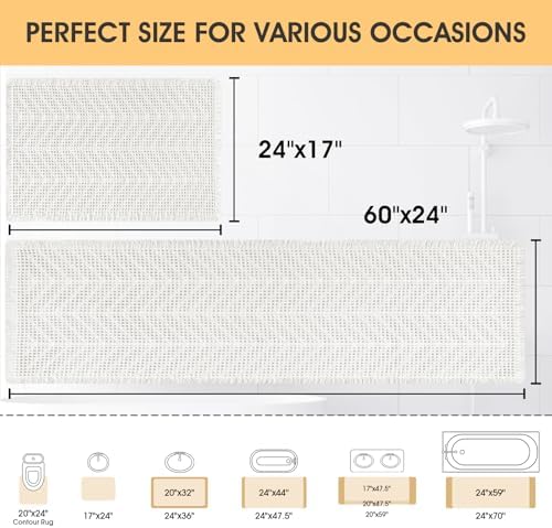 Upgrade Waffle Bath Mat Set 2 Piece, Boho Bathroom Rugs Absorbent Non Slip, Ultra Soft Bathroom Mat, Machine Washable Knit Bath Rugs with Herringbones for Bathroom, Bedroom, Kitchen, Shower, White