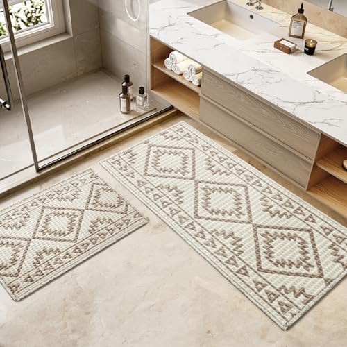 PADOOR-Waffle Bath Mat 24"x36"-Super Absorbent Bath Mats for Bathroom, Machine Washable Non Slip Bathroom Rug with Tassels, Soft Bathroom Mat for Laundry Room, Bedroom, Cream & Brown, 2'x 3'