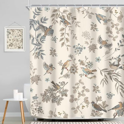 MESHELLY Floral and Birds Shower Curtain 60Wx72H Vintage Farmhouse Garden Flower Leaf Plant Beige Green Nature Elegant Chinoiserie Bath Curtain Cloth Fabric Bathroom Accessories Decor with 12 Hooks