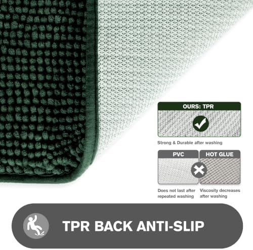 Dark Green Bathroom Rugs – Absorbent and Washable Bath Mat, Non-Slip, Thick Soft Chenille Bath Rugs for Bathroom Floor, Shower, Sink - 26" x 44"