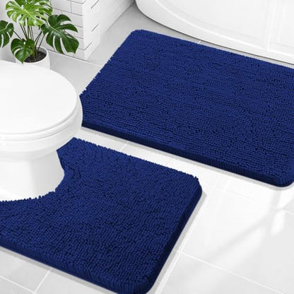OLANLY Chenille Bathroom Rugs Mats Sets 2 Piece, 30"x20"+24"x20", Navy