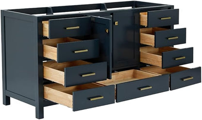 ARIEL Cambridge 66-inch Bathroom Vanity Base Cabinet,Solid Wood, 2 Soft Closing Doors, 9 Dovetail Drawers, Midnight Blue