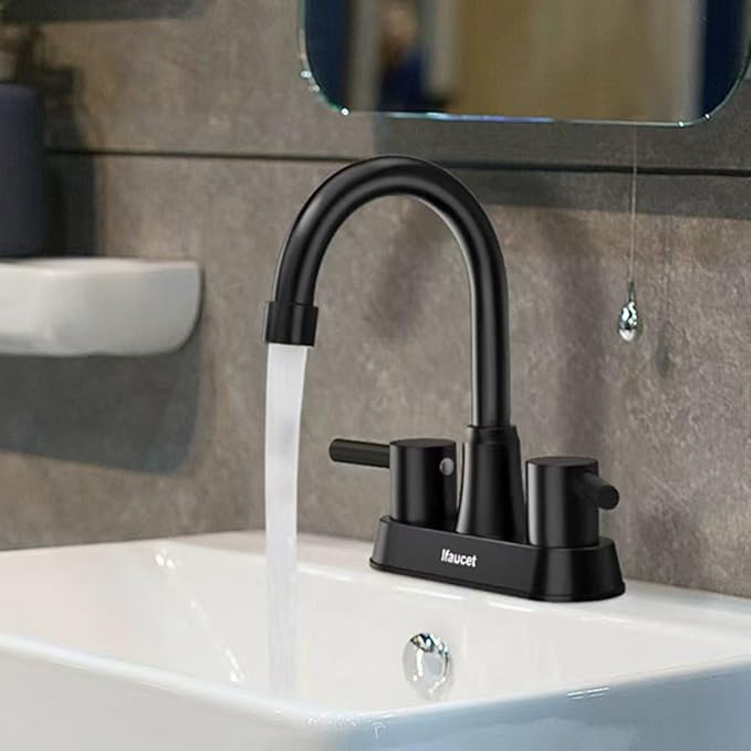 Black Bathroom Faucet 3 Hole, Bathroom Faucets for Sink 3 Hole, Bathroom Sink Faucet, 4 Inch 2 Handle Centerset, Lead-Free, with Copper Pop Up Drain (Matte Black)