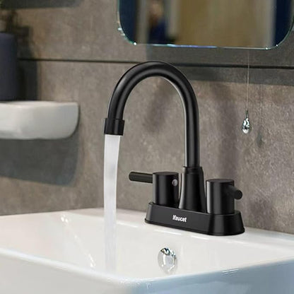 Black Bathroom Faucet 3 Hole, Bathroom Faucets for Sink 3 Hole, Bathroom Sink Faucet, 4 Inch 2 Handle Centerset, Lead-Free, with Copper Pop Up Drain (Matte Black)