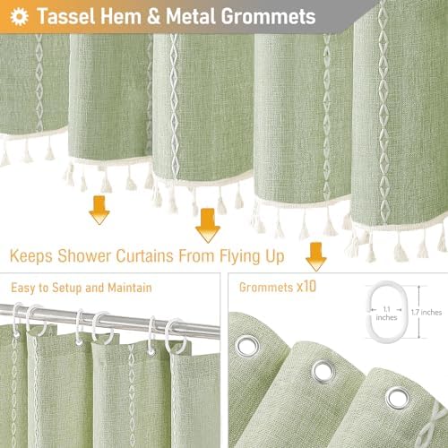 BTTN 54x78 Boho Farmhouse Linen Heavy Duty Shower Curtain Set, Sage Green