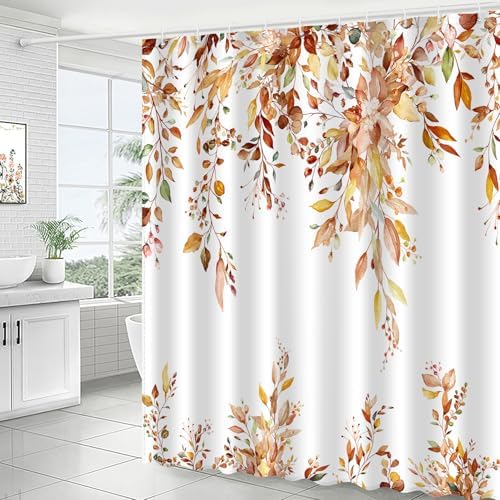 Fall Eucalyptus Leaves Shower Curtain, Autumn Aesthetic Art Watercolor Plant Leaf with Floral Bathroom Decor, Waterproof Fabric Cloth Bath Curtain Set with Hooks (Brown-Orange, 72" W x 72" L)