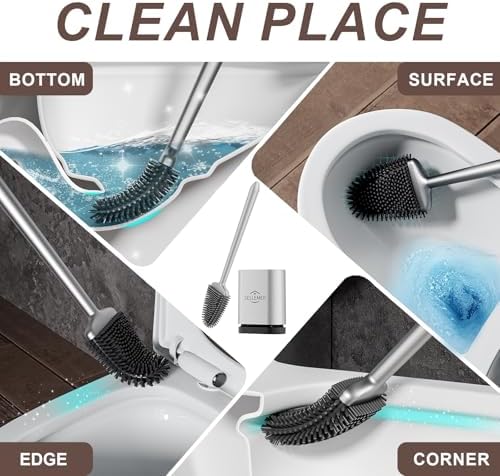 Sellemer Silicone Toilet Brush, Ventilation Slots Base Holder 1 Pack Silver