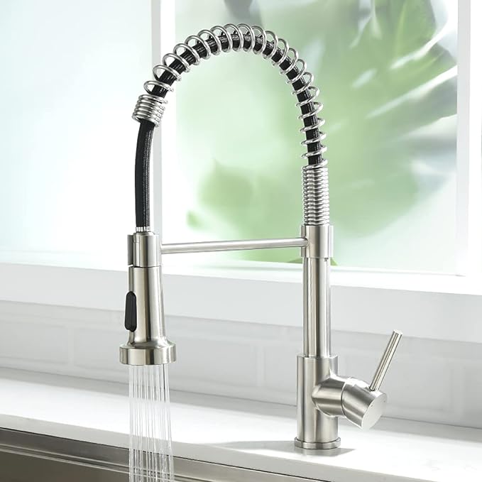 OWOFAN Kitchen Faucet with Pull Down Sprayer Industrial 1 Handle 1 Hole Or 3 Hole Faucet for Farmhouse Camper Laundry Utility Rv Wet Bar Sinks, Stainless Steel Brushed Nickel 866082SN