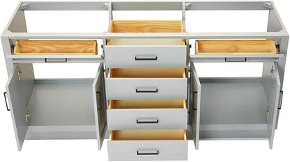 ARIEL Hepburn 72-inch Bathroom Vanity Base Cabinet,Solid Wood, 4 Soft Closing Doors, 6 Dovetail Drawers, Grey