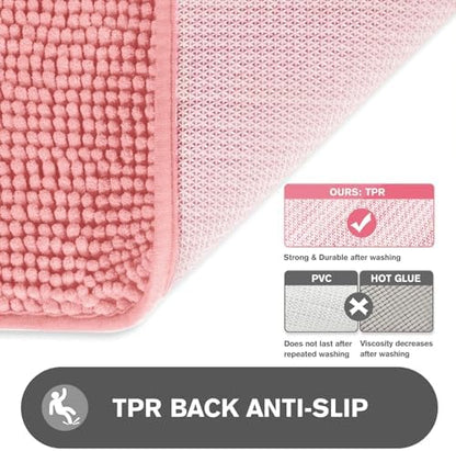 Pink Bathroom Rugs Sets 2 Piece – Absorbent and Washable Bath Mat, Non-Slip, Thick Soft Chenille Bath Rugs for Bathroom Floor, Shower, Sink - 20" x 32"+24" x 36"