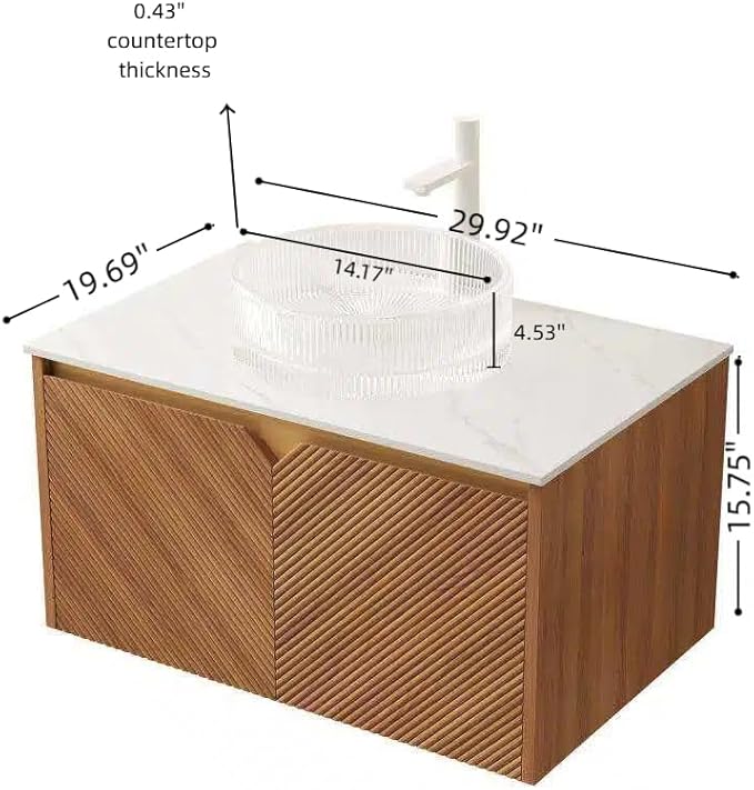 Floating Bathroom Vanity with Sink, 30 Inch Fluted Vanity with Vessel Sink, Modern Bathroom Vanity Cabinet with 2 Doors, Glass Vessel Ceramic Sink & Sintered Stone Top, Oak