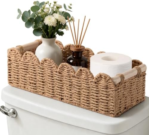 Bathroom Decor Farmhouse: Back of Toilet Basket - Bathroom Organizers and Storage for Bedroom Cottage Core Decor - Bathroom Accessories - Neutral Storage Wicker Basket for Home Decors Living Room