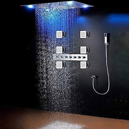 CASCADA 23"x31" LED Shower System with Handheld Shower | 6 Functions (Rainfall, Waterfall, Curtain, Misty, Body Jets & Handheld) | 7 Knob Valve (Non Music, Polished Stainless Steel)