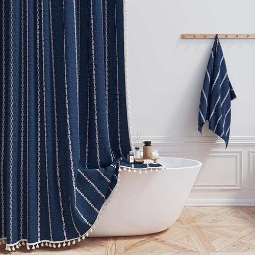 BTTN Navy Blue Boho Farmhouse Linen Heavy Duty Shower Curtain Set, 72x72